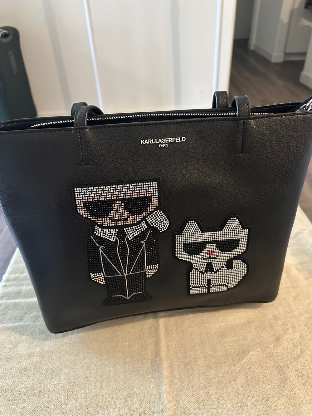 Karl Lagerfeld Black Tote with Crystal Character Motifs